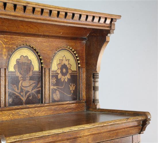 A Victorian aesthetic movement inlaid oak chiffonier designed by A.W.Blomfield and illustrated in Eastlakes Hints W.3ft 3in. D.1ft 6in